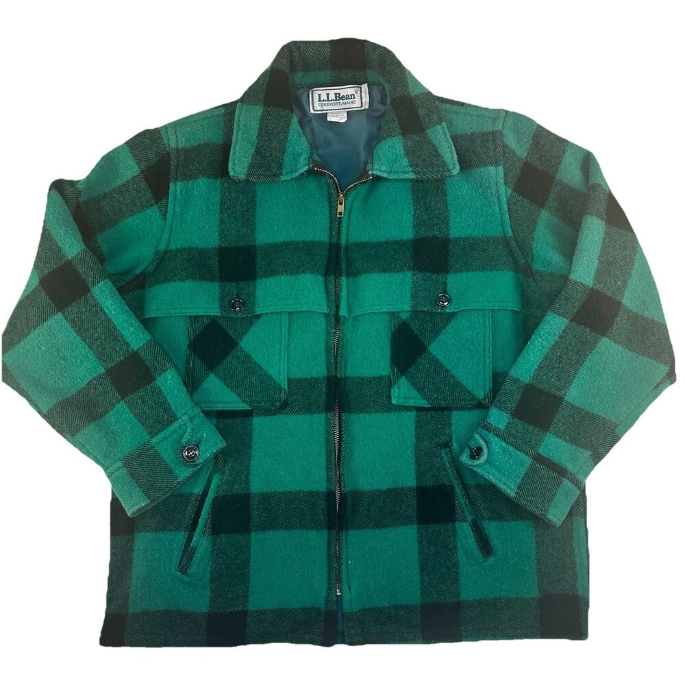 Vintage LL Bean Wool Mackinaw Hunting Cruiser Jacket XL Green Buffalo Plaid